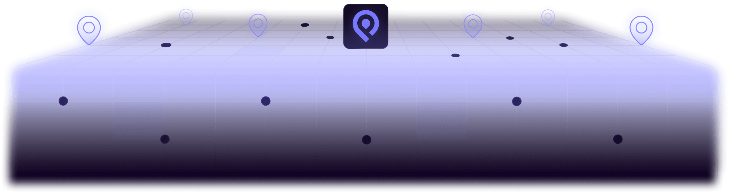 A 3D grid design with glowing location pins and a central icon resembling a stylized location marker, set against a dark purple background.