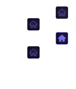 A 3x3 grid with four dark blue squares, each featuring a house icon. The bottom right square is highlighted with a glowing blue border.