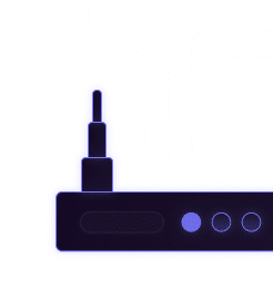 Stylized illustration of a black and purple electronic device with multiple lines connected, resembling a network hub or router.